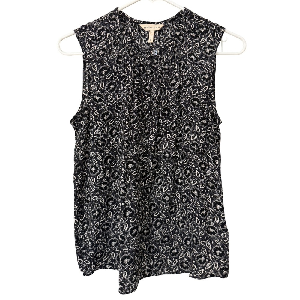 Rebecca Taylor Silk Sleeveless‎ Floral Blouse Black White Size 2